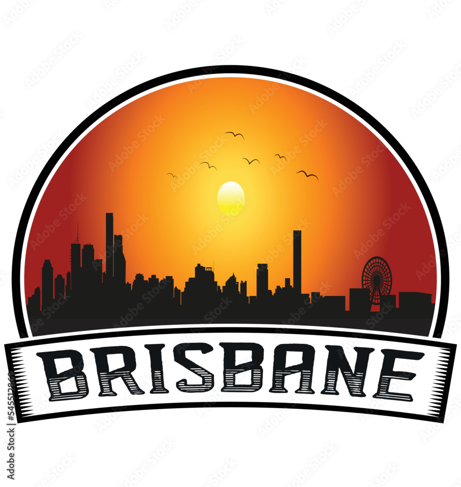 Brisbane Australia Skyline Sunset Travel Souvenir Sticker Logo Badge Stamp Emblem Coat of Arms Vector Illustration EPS