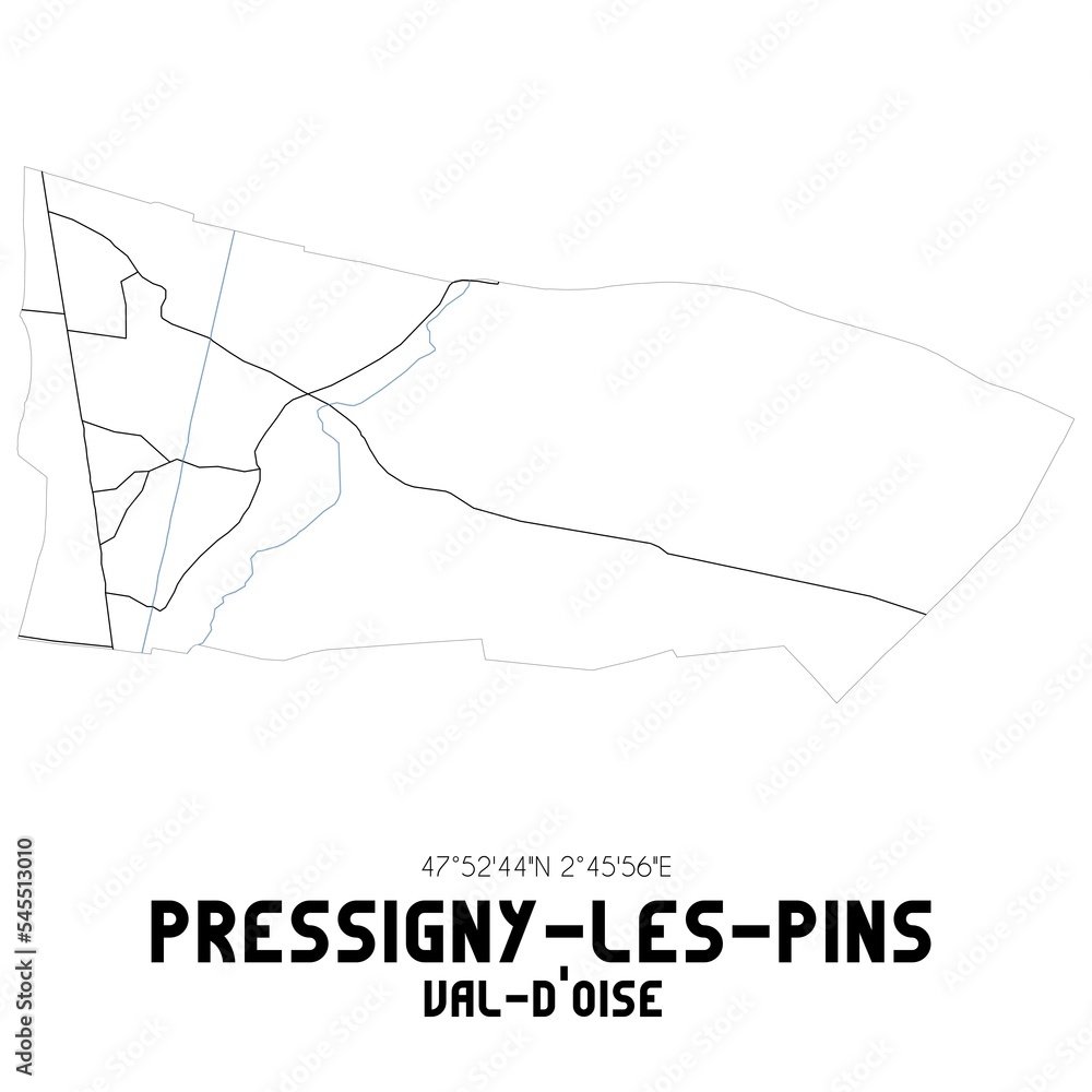 PRESSIGNY-LES-PINS Val-d'Oise. Minimalistic street map with black and white lines. PRESSIGNY-LES-PINS Val-d'Oise. Minimalistic street map with black and white lines.