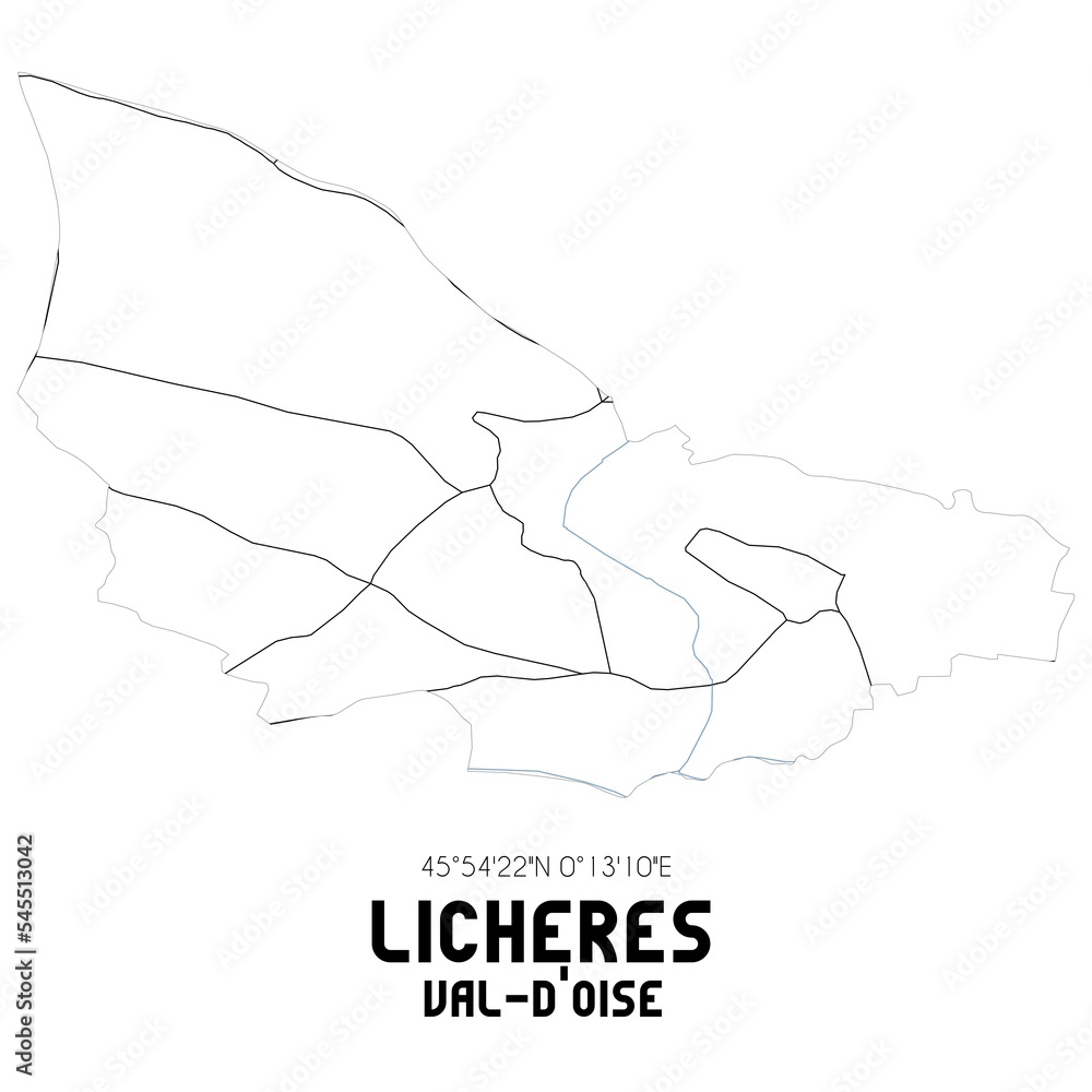 LICHERES Val-d'Oise. Minimalistic street map with black and white lines. LICHERES Val-d'Oise. Minimalistic street map with black and white lines.