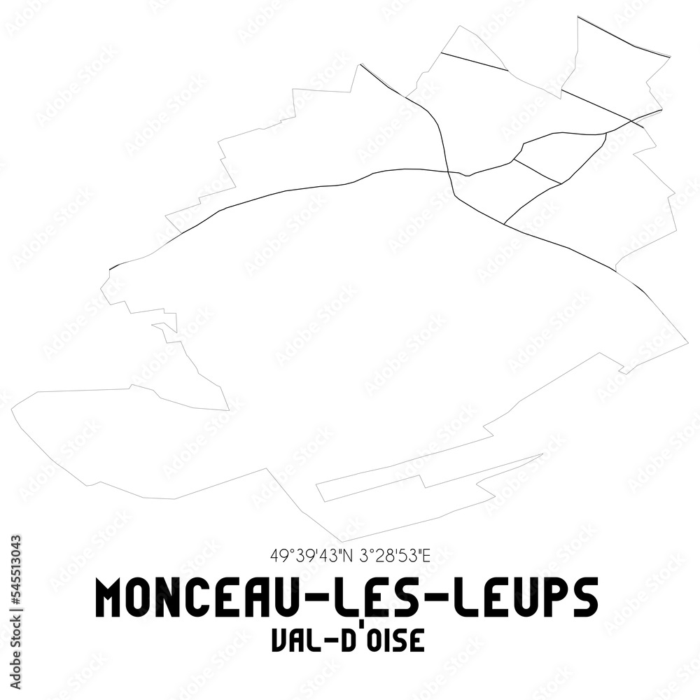 MONCEAU-LES-LEUPS Val-d'Oise. Minimalistic street map with black and white lines.