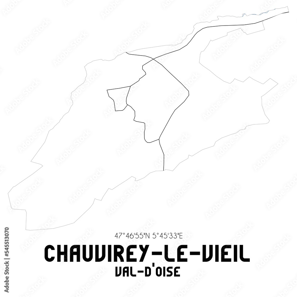 CHAUVIREY-LE-VIEIL Val-d'Oise. Minimalistic street map with black and white lines.