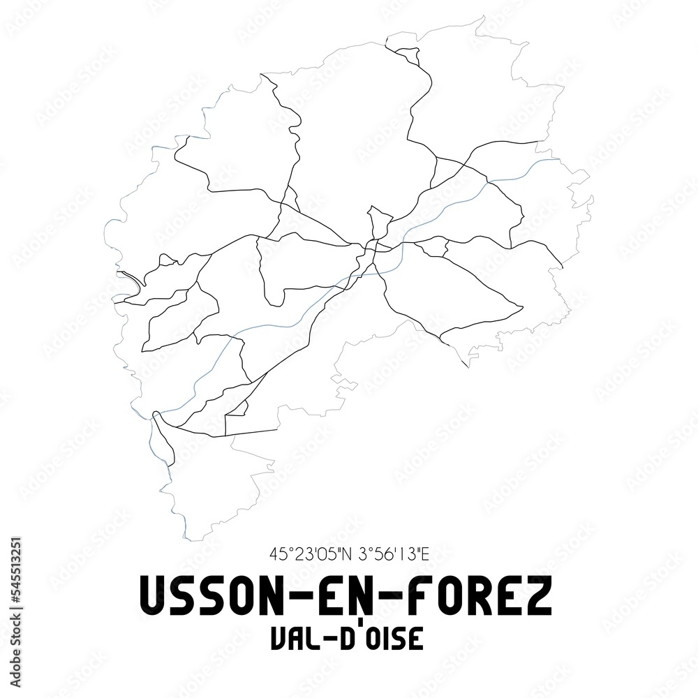 USSON-EN-FOREZ Val-d'Oise. Minimalistic street map with black and white lines.