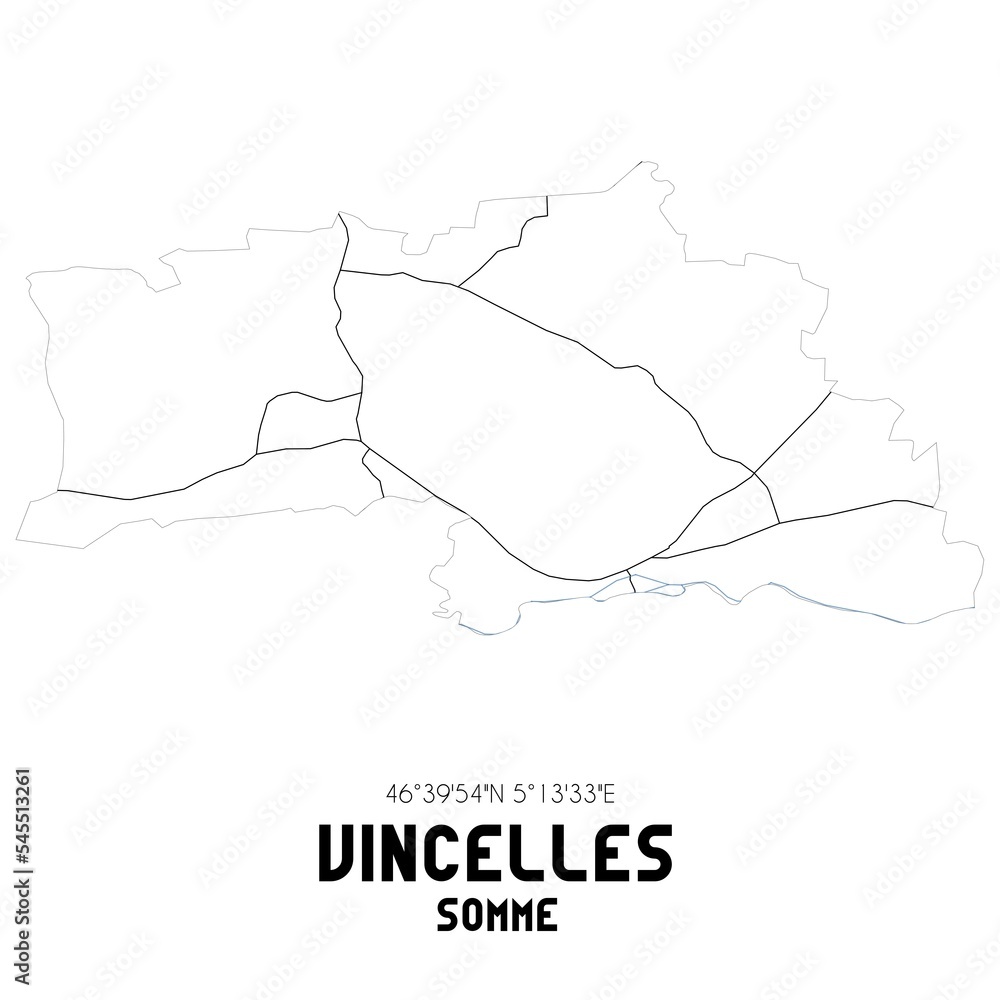 VINCELLES Somme. Minimalistic street map with black and white lines. VINCELLES Somme. Minimalistic street map with black and white lines.