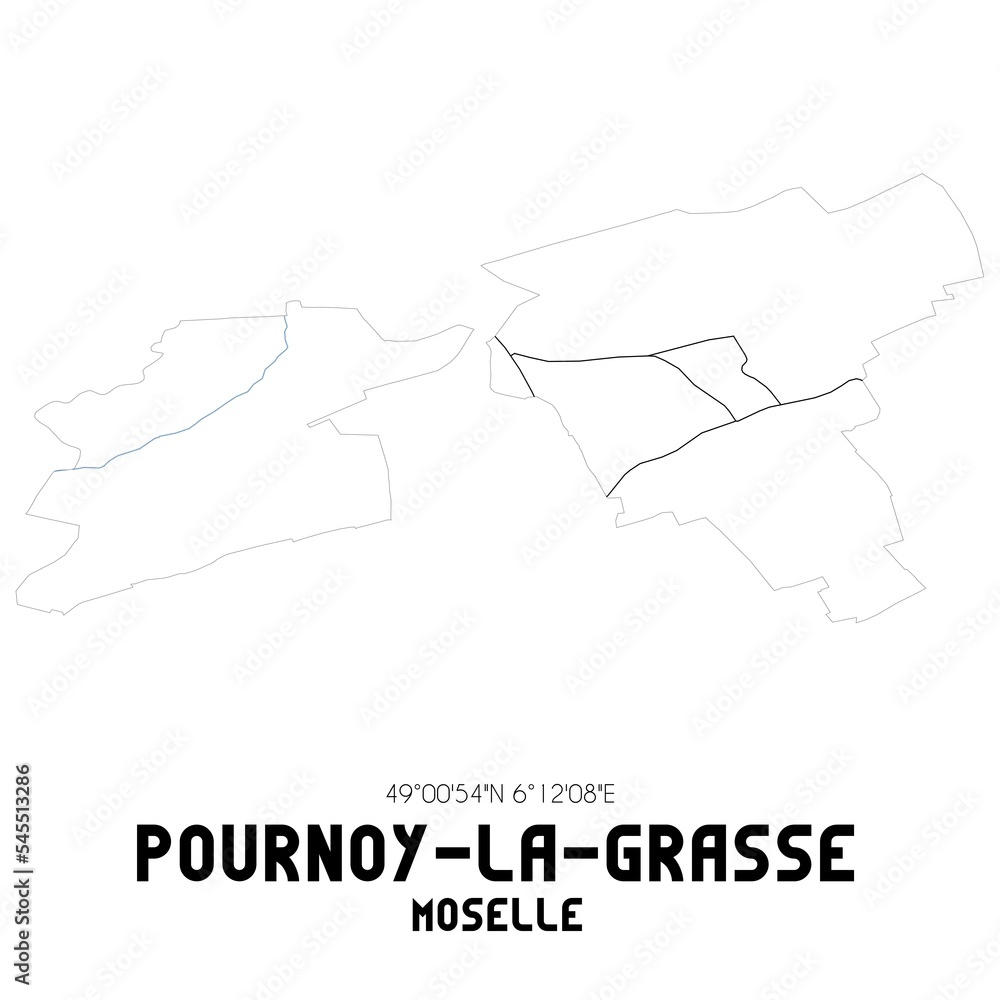 POURNOY-LA-GRASSE Moselle. Minimalistic street map with black and white lines.