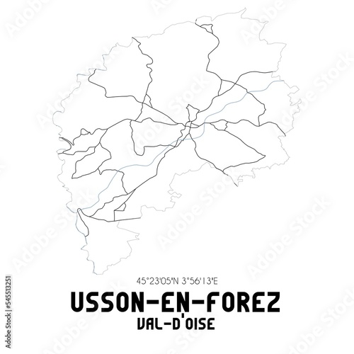 USSON-EN-FOREZ Val-d'Oise. Minimalistic street map with black and white lines.