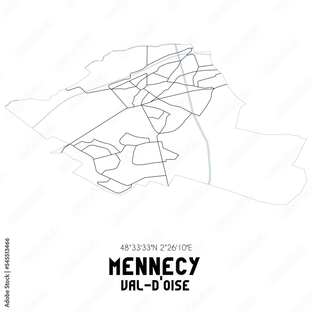 MENNECY Val-d'Oise. Minimalistic street map with black and white lines. MENNECY Val-d'Oise. Minimalistic street map with black and white lines.