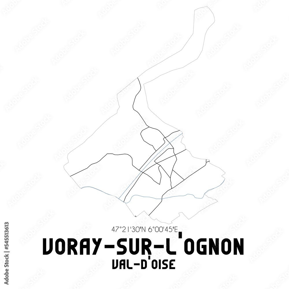 VORAY-SUR-L'OGNON Val-d'Oise. Minimalistic street map with black and white lines. VORAY-SUR-L'OGNON Val-d'Oise. Minimalistic street map with black and white lines.