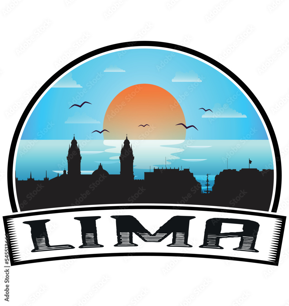 Lima Peru Skyline Sunset Travel Souvenir Sticker Logo Badge Stamp Emblem Coat of Arms Vector Illustration EPS
