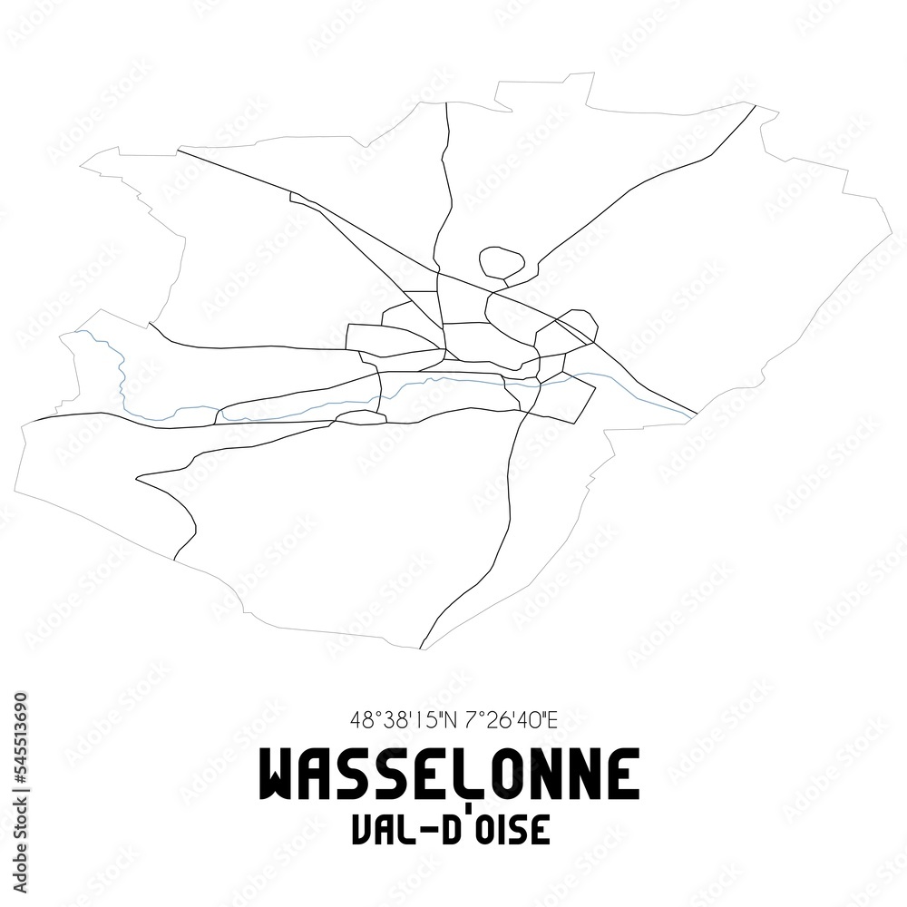 WASSELONNE Val-d'Oise. Minimalistic street map with black and white lines. WASSELONNE Val-d'Oise. Minimalistic street map with black and white lines.