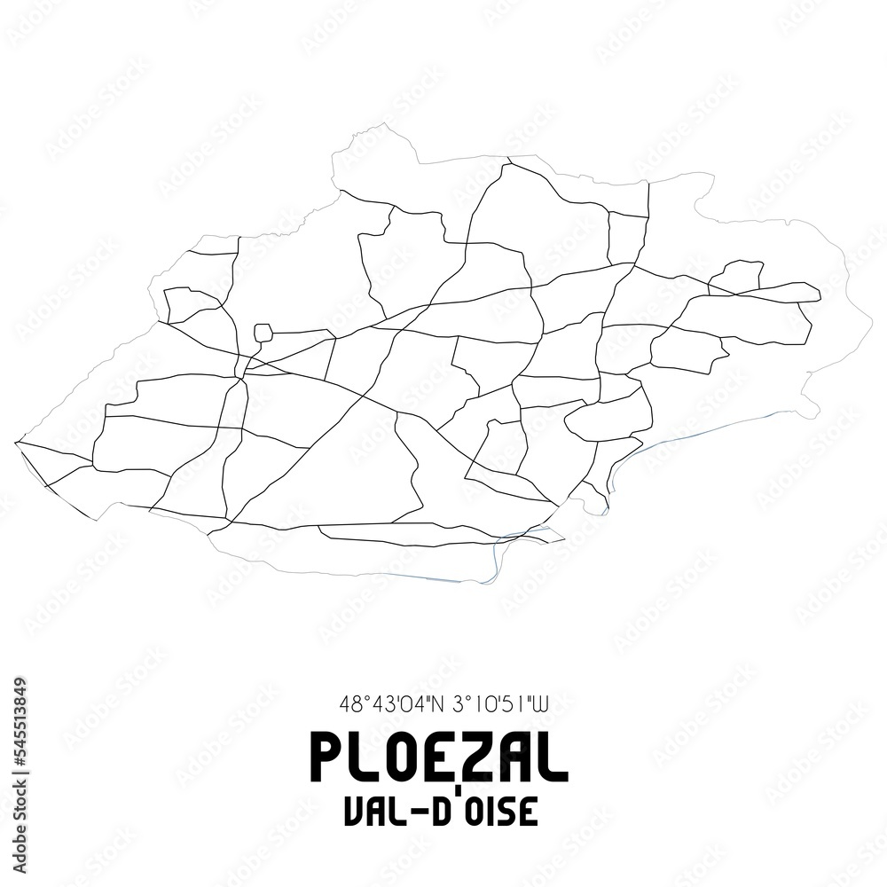 PLOEZAL Val-d'Oise. Minimalistic street map with black and white lines.