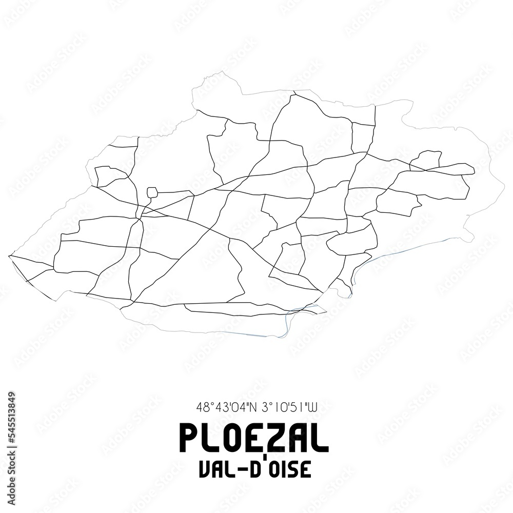 PLOEZAL Val-d'Oise. Minimalistic street map with black and white lines. PLOEZAL Val-d'Oise. Minimalistic street map with black and white lines.