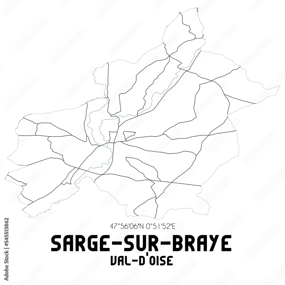SARGE-SUR-BRAYE Val-d'Oise. Minimalistic street map with black and white lines.