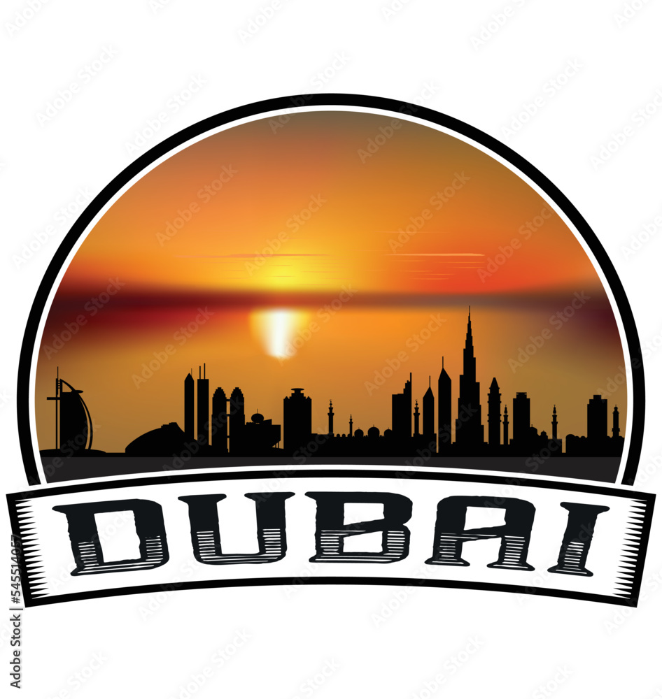 Dubai Uae Skyline Sunset Travel Souvenir Sticker Logo Badge Stamp Emblem Coat of Arms Vector Illustration EPS