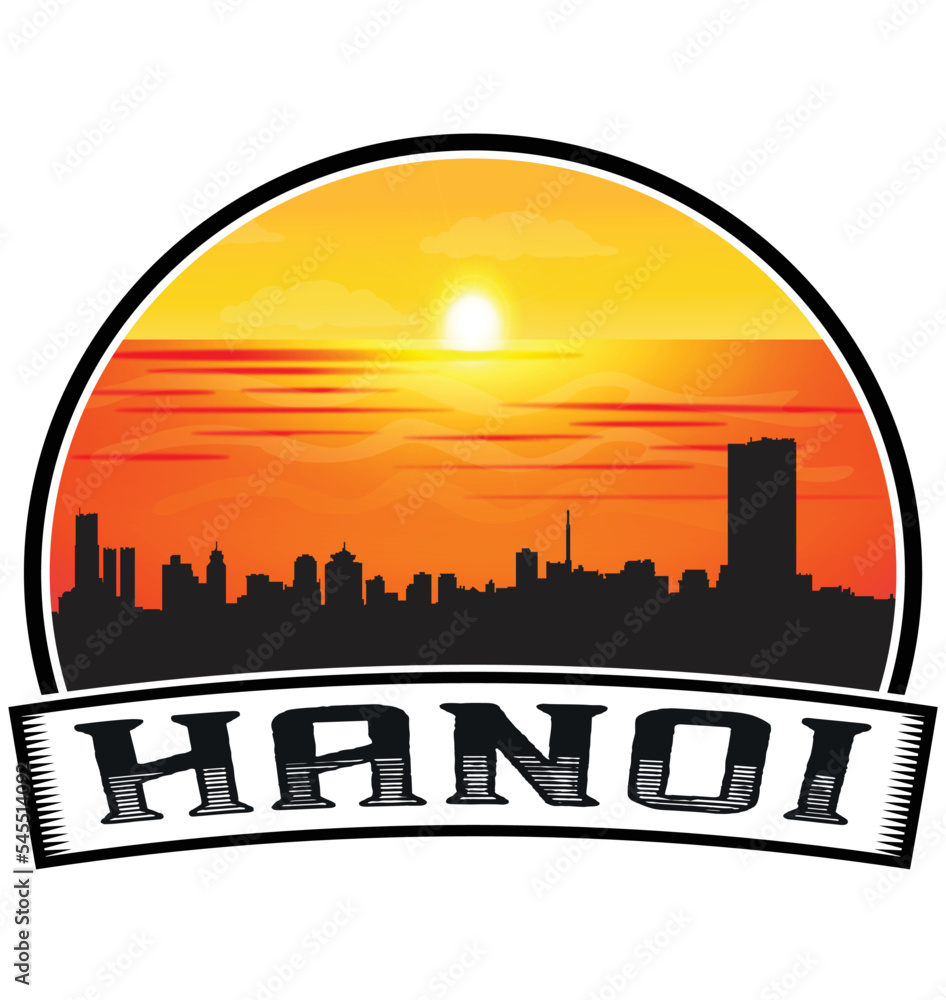 Hanoi Vietnam Skyline Sunset Travel Souvenir Sticker Logo Badge Stamp Emblem Coat of Arms Vector Illustration EPS
