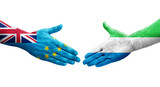 Handshake between Tuvalu and Sierra Leone flags painted on hands, isolated transparent image.