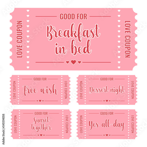 Love Coupons for boyfriend or girlfriend. Valentines day tickets. Love, romance concept. Vector set. All elements are isolated