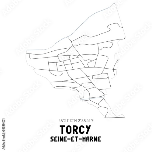 TORCY Seine-et-Marne. Minimalistic street map with black and white lines.