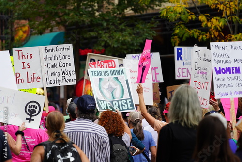Rear view of members and supporters of Pro-Choice and Bans Off Our Bodies rallied together and marched to the Madison state capitol.