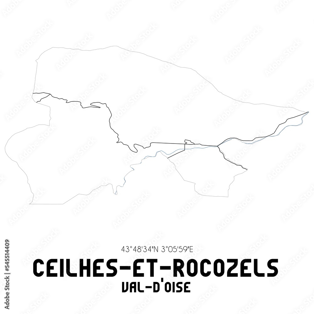 CEILHES-ET-ROCOZELS Val-d'Oise. Minimalistic street map with black and white lines.