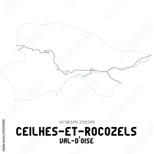 CEILHES-ET-ROCOZELS Val-d Oise. Minimalistic street map with black and white lines.