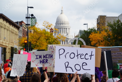 Rear view of members and supporters of Pro-Choice and Bans Off Our Bodies rallied together and marched to the Madison state capitol. © Aaron