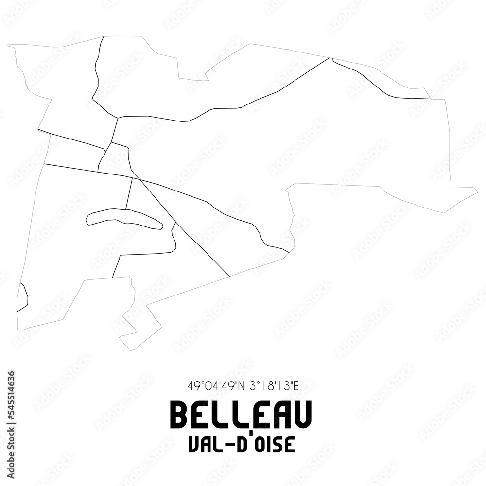 BELLEAU Val-d'Oise. Minimalistic street map with black and white lines.