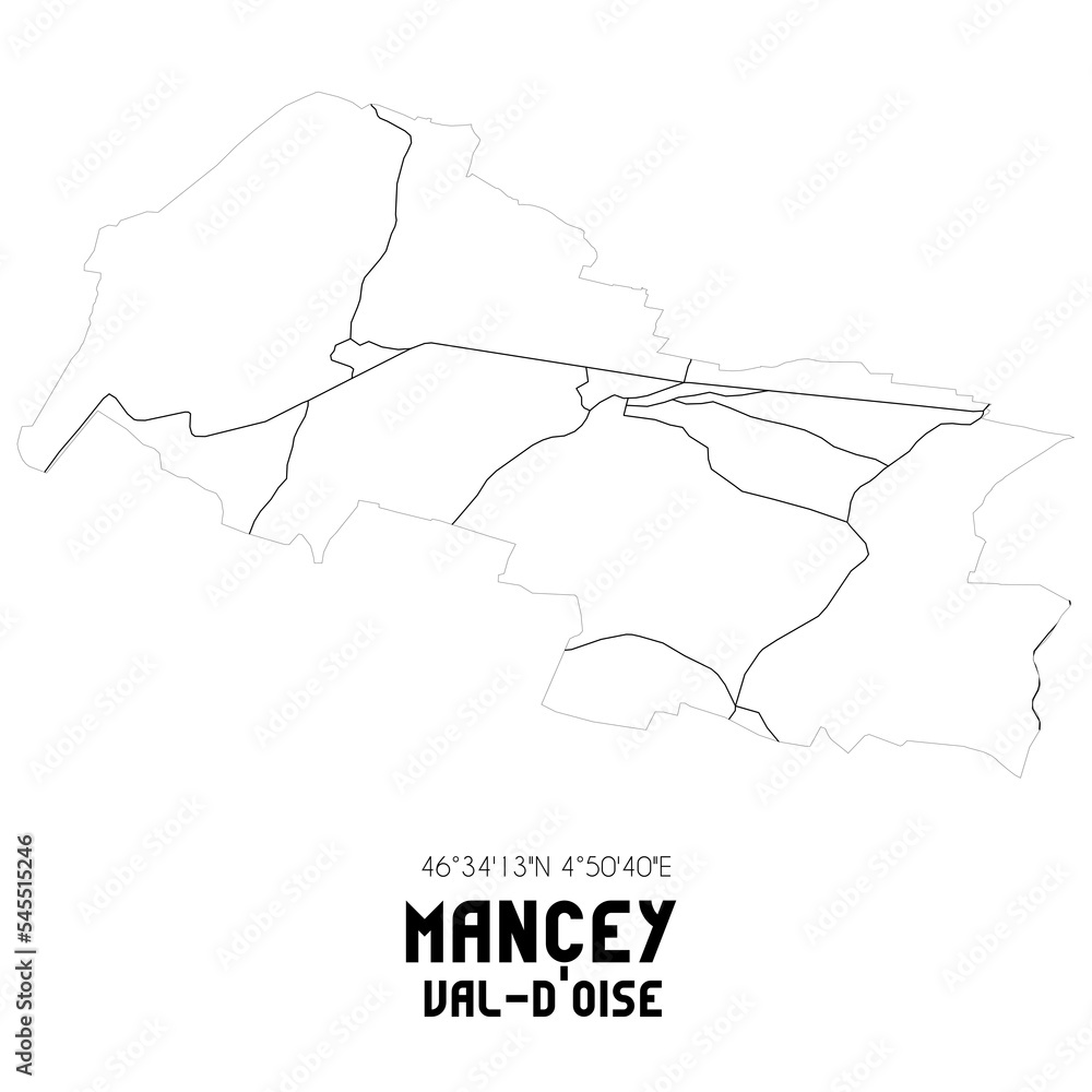 MANCEY Val-d'Oise. Minimalistic street map with black and white lines. MANCEY Val-d'Oise. Minimalistic street map with black and white lines.