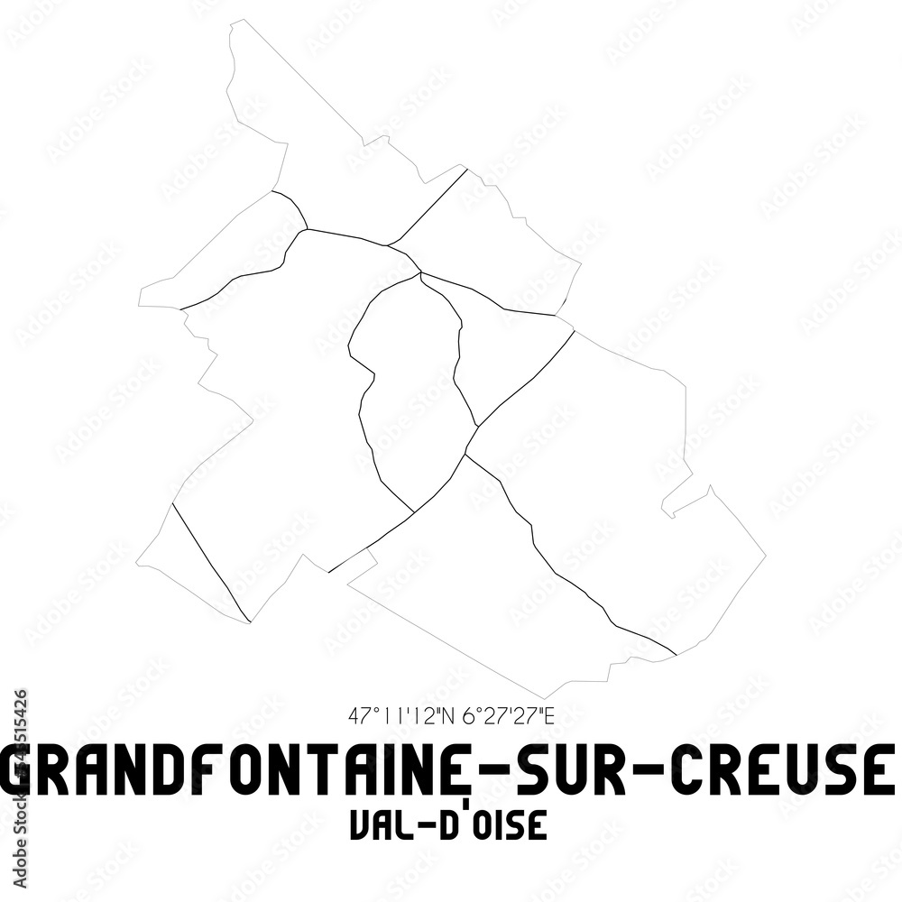 GRANDFONTAINE-SUR-CREUSE Val-d'Oise. Minimalistic street map with black and white lines. GRANDFONTAINE-SUR-CREUSE Val-d'Oise. Minimalistic street map with black and white lines.