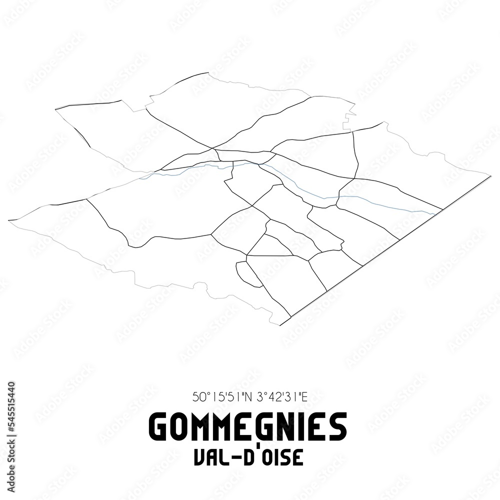 GOMMEGNIES Val-d'Oise. Minimalistic street map with black and white lines. GOMMEGNIES Val-d'Oise. Minimalistic street map with black and white lines.