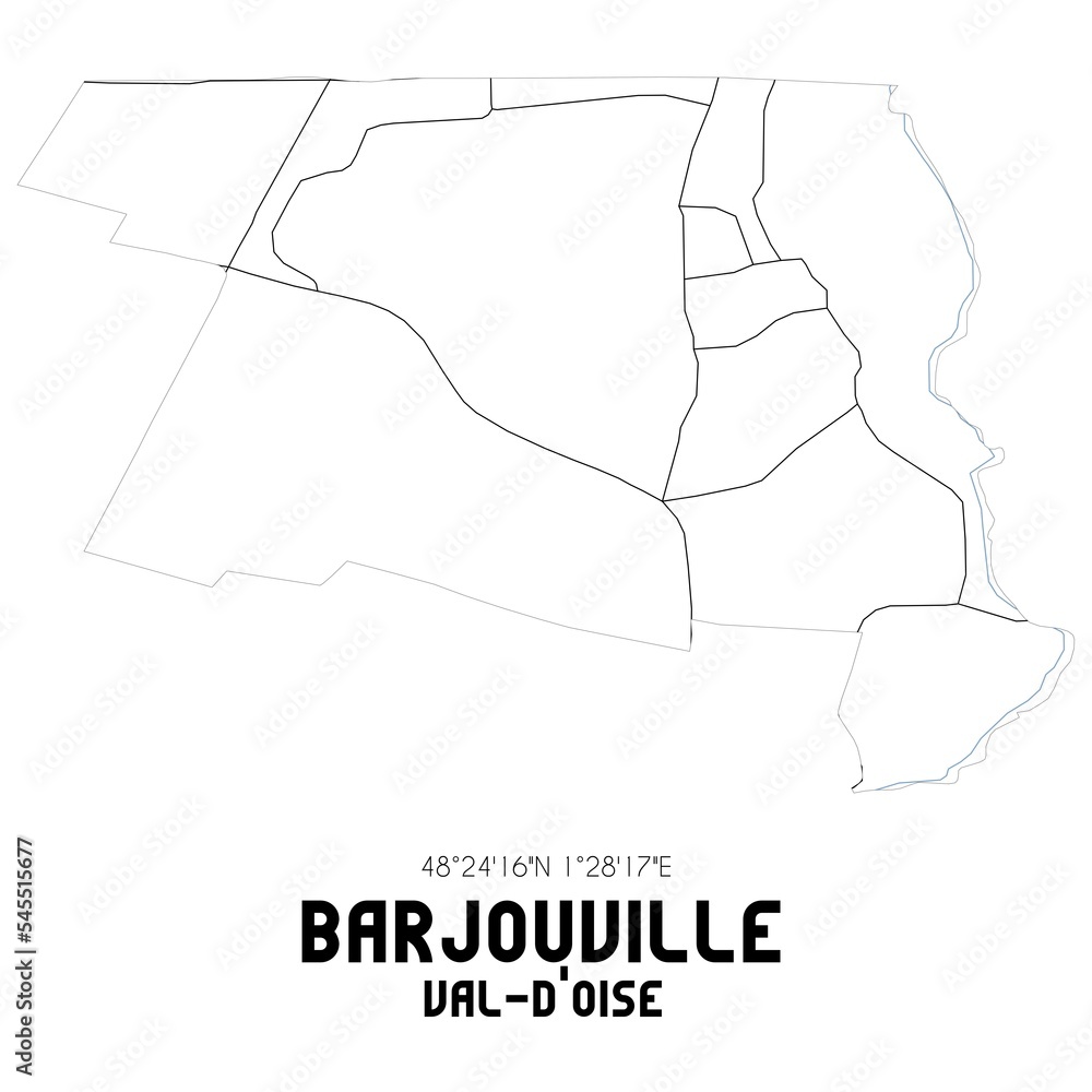 BARJOUVILLE Val-d'Oise. Minimalistic street map with black and white lines.