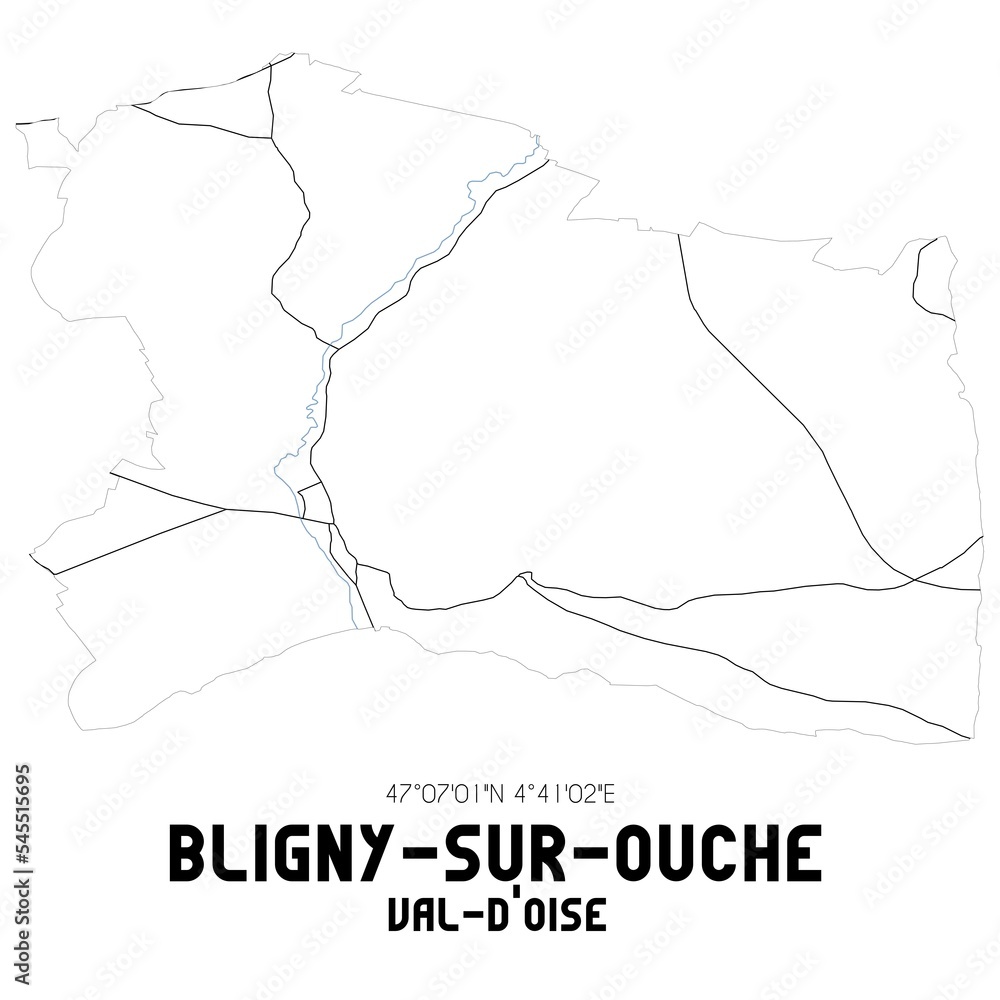 BLIGNY-SUR-OUCHE Val-d'Oise. Minimalistic street map with black and white lines.