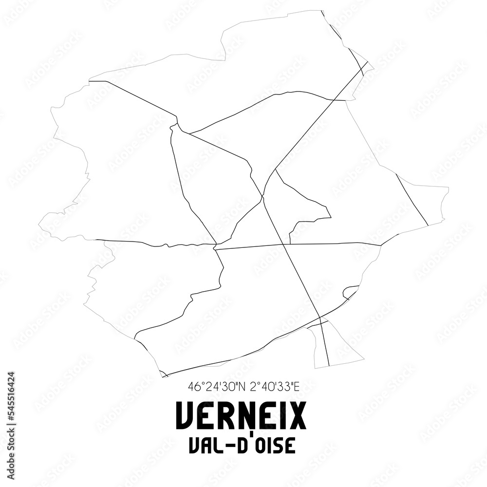 VERNEIX Val-d'Oise. Minimalistic street map with black and white lines. VERNEIX Val-d'Oise. Minimalistic street map with black and white lines.