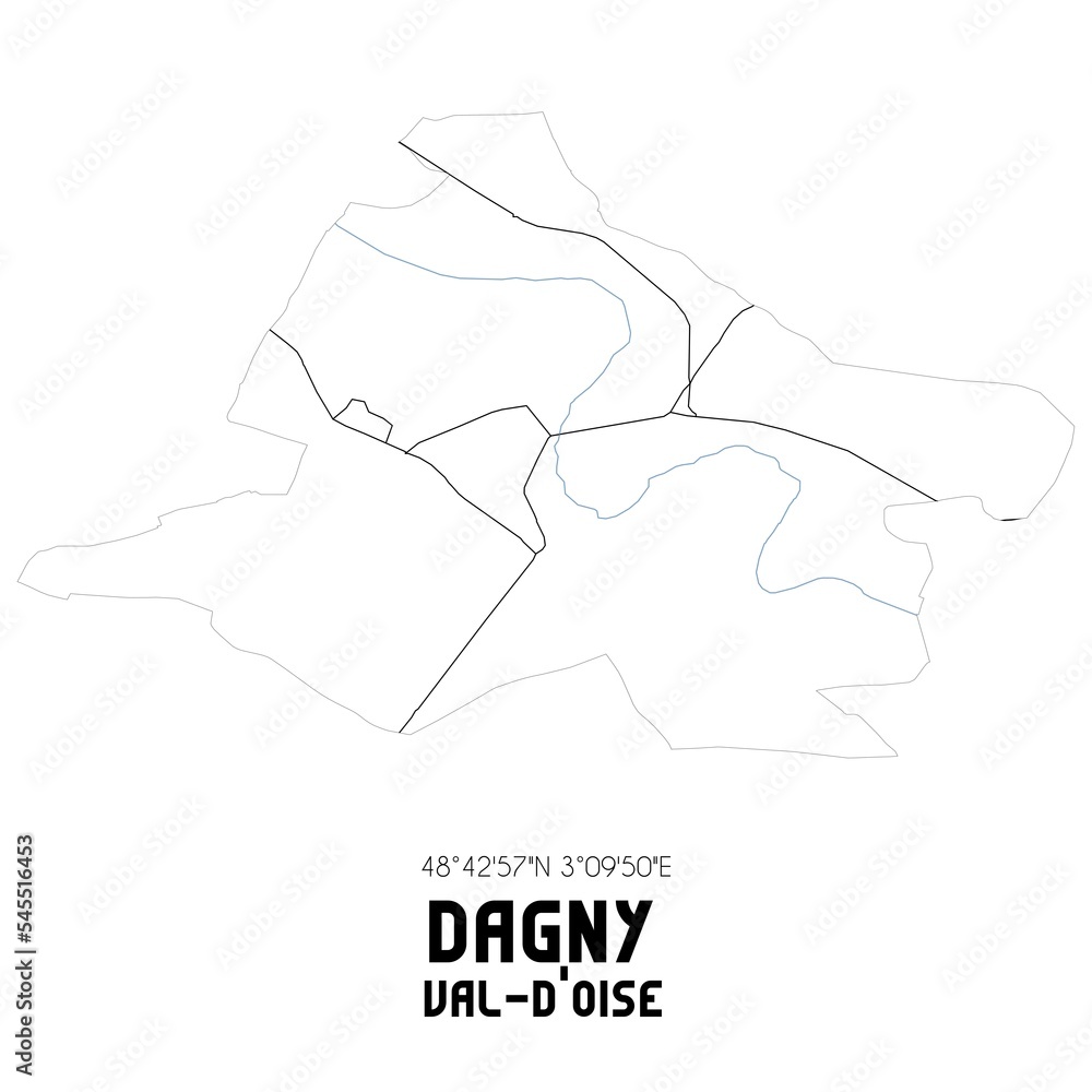 DAGNY Val-d'Oise. Minimalistic street map with black and white lines. DAGNY Val-d'Oise. Minimalistic street map with black and white lines.