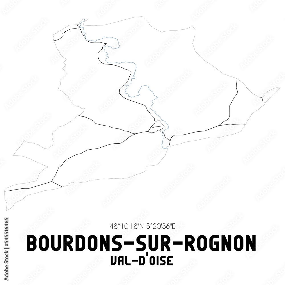 BOURDONS-SUR-ROGNON Val-d'Oise. Minimalistic street map with black and white lines.