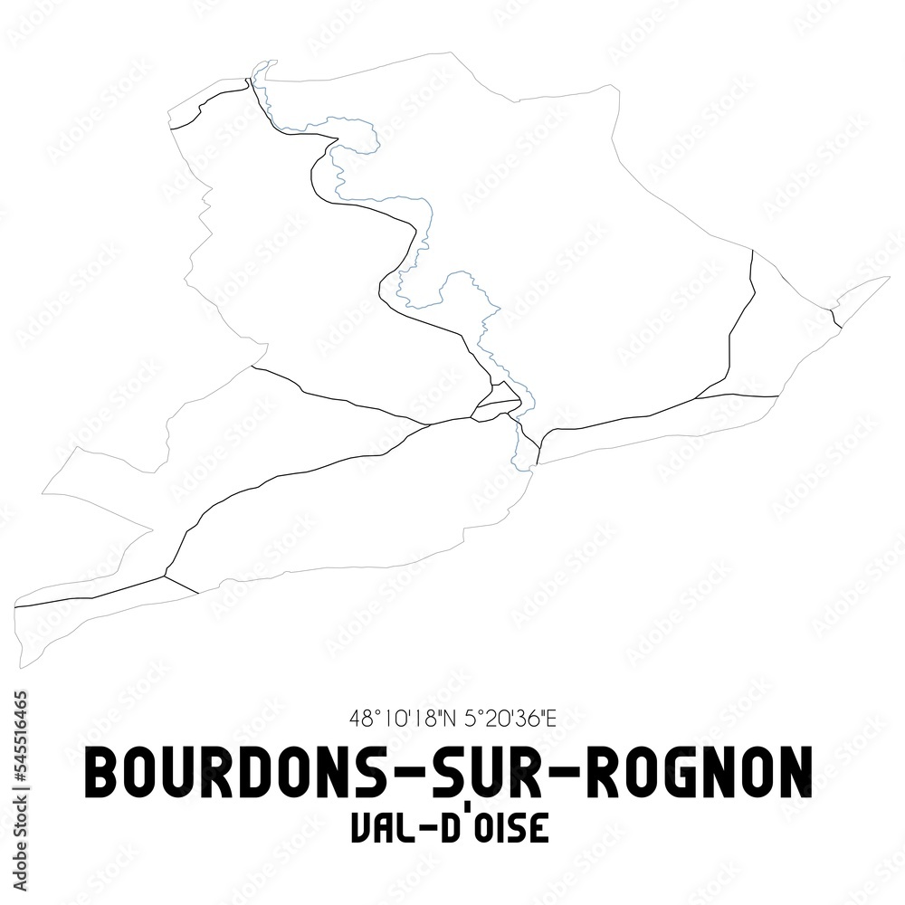 BOURDONS-SUR-ROGNON Val-d'Oise. Minimalistic street map with black and white lines. BOURDONS-SUR-ROGNON Val-d'Oise. Minimalistic street map with black and white lines.