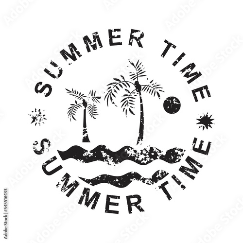 Summer time grunge stamp, beach with palms and sea, black isolated on white background, vector illustration.