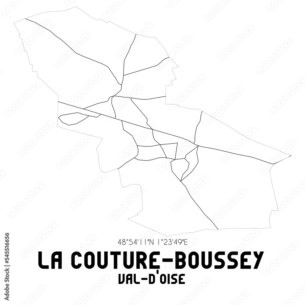 LA COUTURE-BOUSSEY Val-d'Oise. Minimalistic street map with black and white lines.
