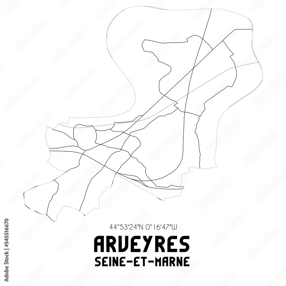ARVEYRES Seine-et-Marne. Minimalistic street map with black and white lines. ARVEYRES Seine-et-Marne. Minimalistic street map with black and white lines.