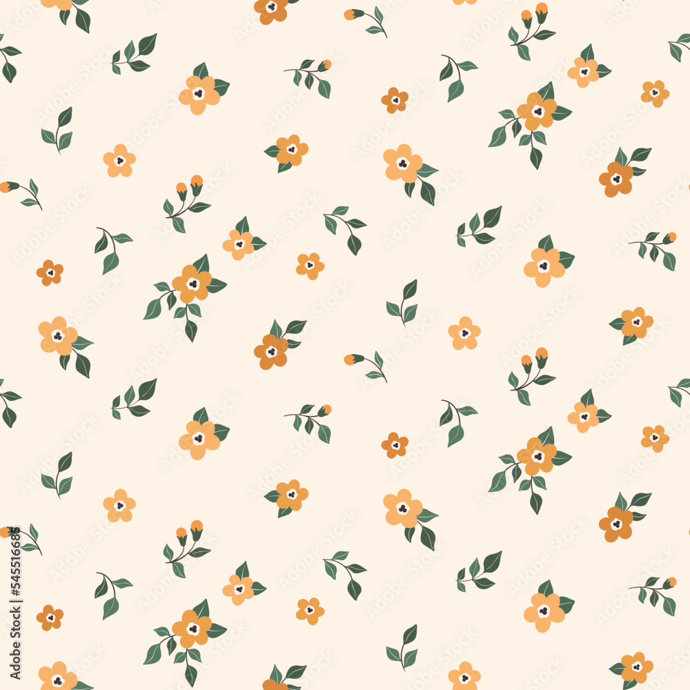 Seamless floral pattern, cute ditsy print with country motif. Pretty flower design, abstract composition of hand drawn plants: small yellow flowers, leaves on a light background. Vector illustration.
