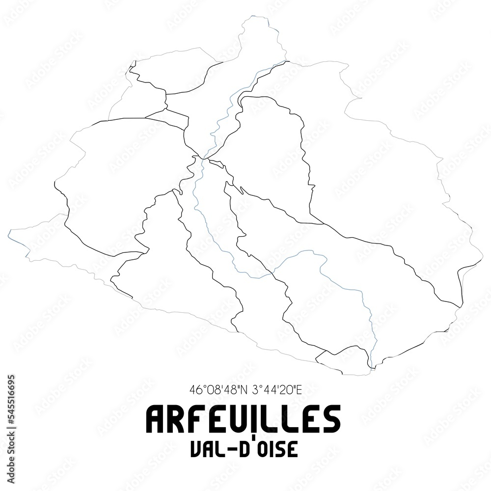 ARFEUILLES Val-d'Oise. Minimalistic street map with black and white lines.