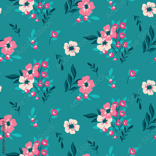 Seamless floral pattern, cute ditsy print with hand drawn wild plants. Pretty flower design, abstract arrangement of small pink flowers, twigs, leaves on blue background. Vector botanical illustration