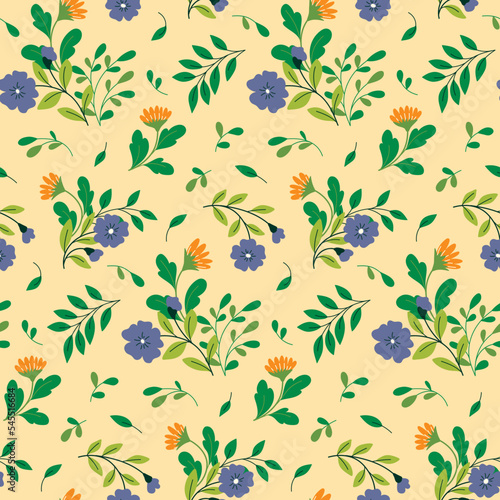Seamless floral pattern, cute ditsy print with decorative plants in folk style. Pretty flower design, abstract arrangement of wild plants: flowers, twigs, leaves, herbs on a light background. Vector.