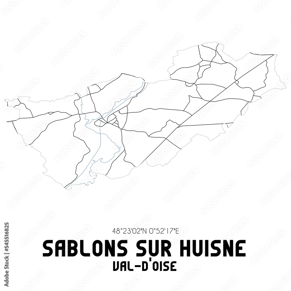 SABLONS SUR HUISNE Val-d'Oise. Minimalistic street map with black and white lines.