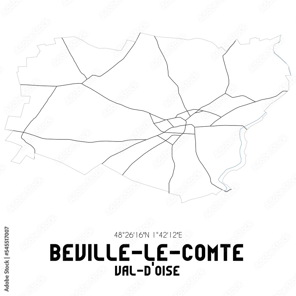 Obraz premium BEVILLE-LE-COMTE Val-d'Oise. Minimalistic street map with black and white lines.