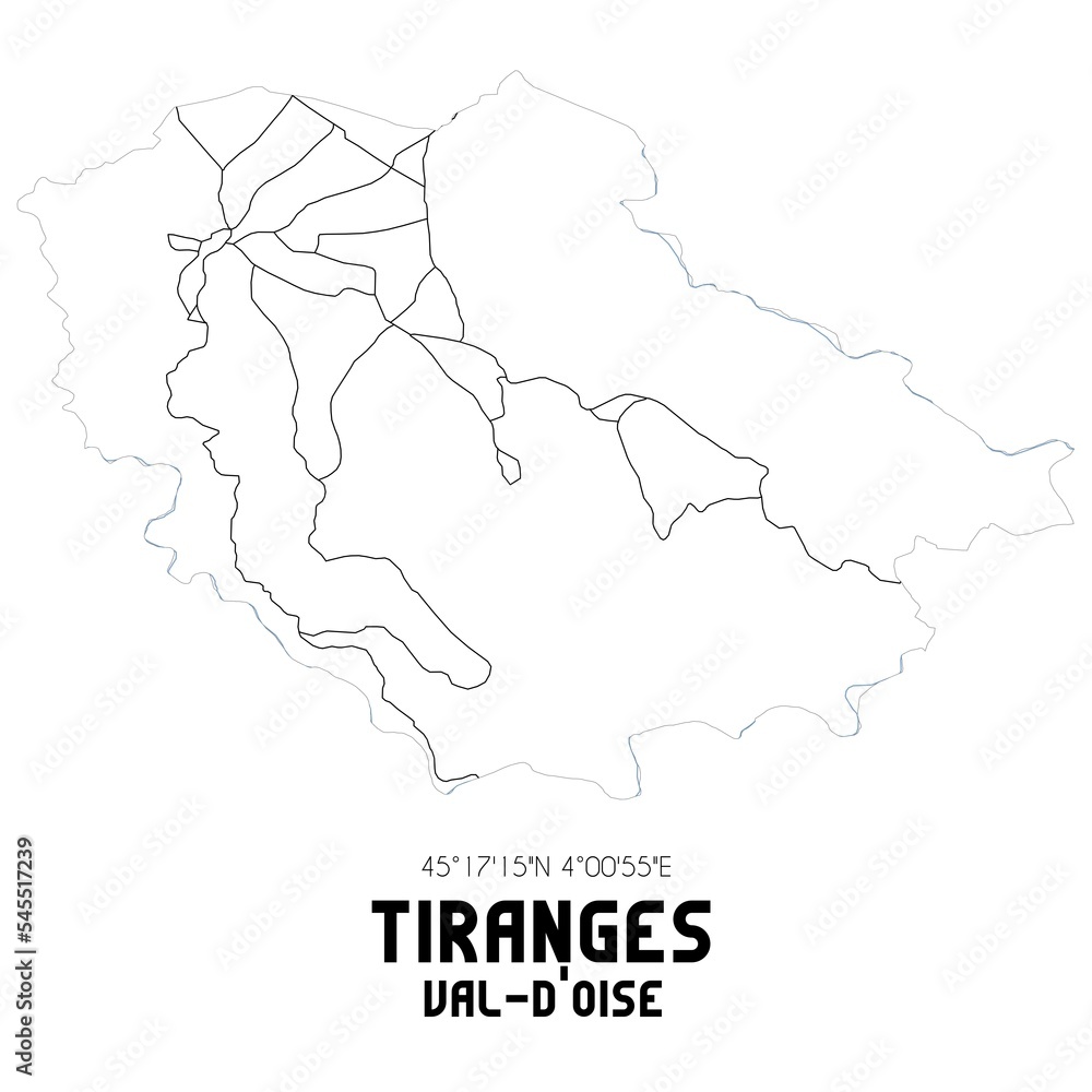 TIRANGES Val-d'Oise. Minimalistic street map with black and white lines.