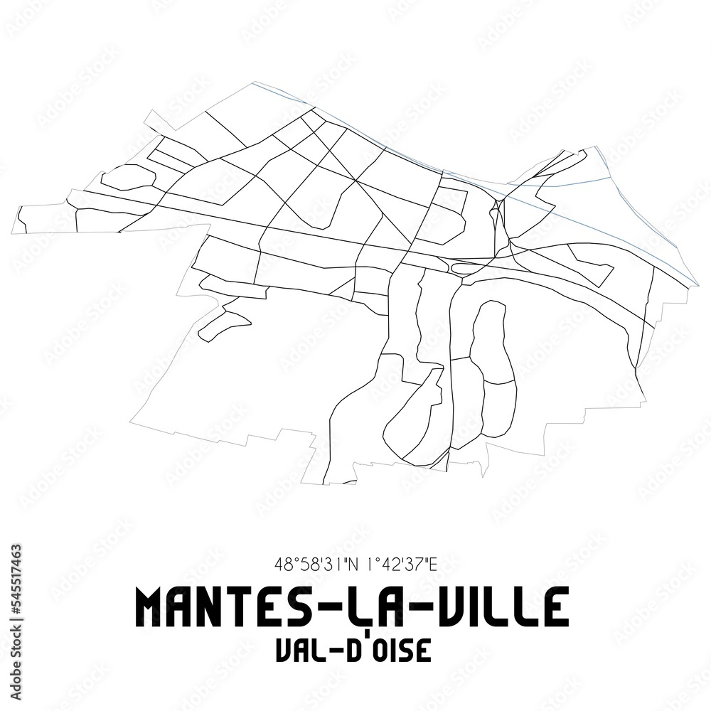 MANTES-LA-VILLE Val-d'Oise. Minimalistic street map with black and white lines.