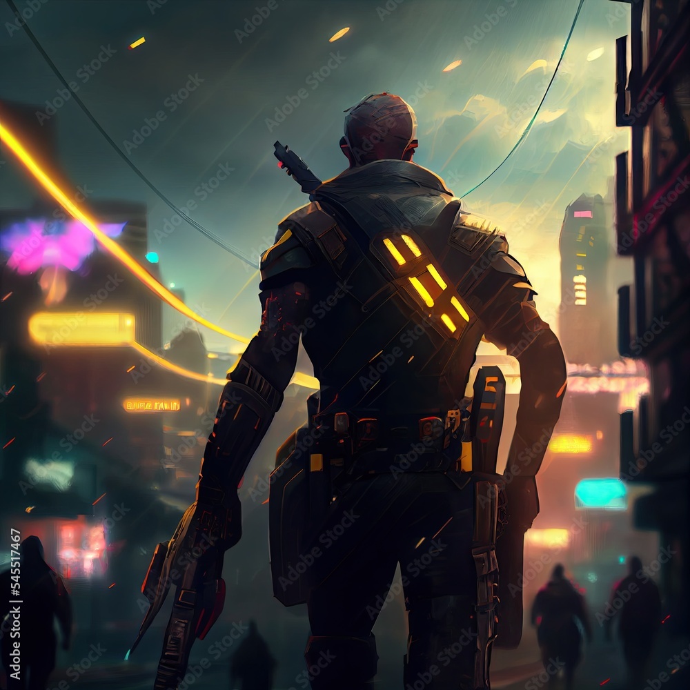 Soldier walking down the streets of cyberpunk night city. Video game  design. 3d render. Stock Illustration | Adobe Stock