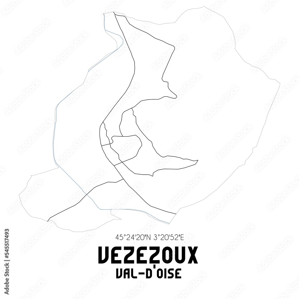 VEZEZOUX Val-d'Oise. Minimalistic street map with black and white lines. VEZEZOUX Val-d'Oise. Minimalistic street map with black and white lines.