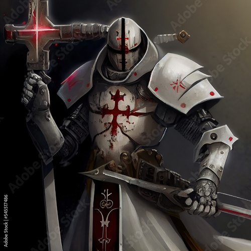 Templar knight crusader cyborg from the future. Video game character design. Front view 3d render. photo