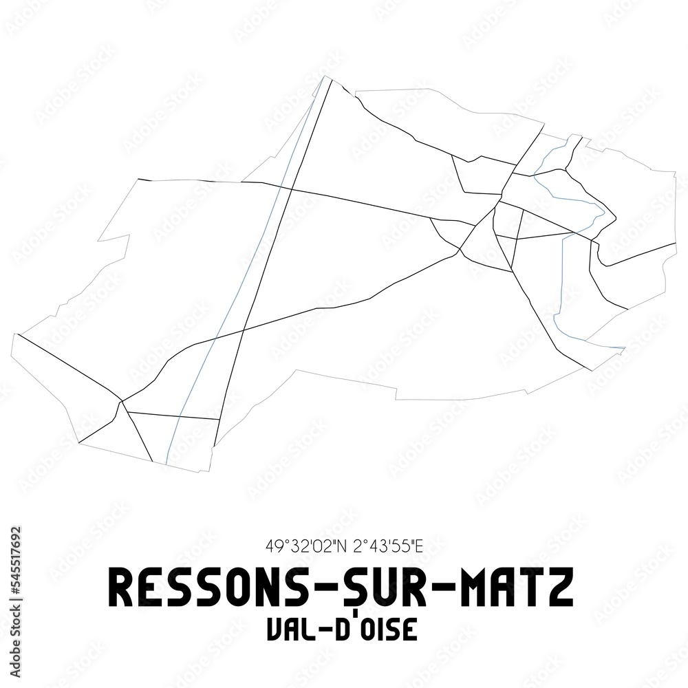 Matz Map RESSONS-SUR-MATZ Val-d'Oise. Minimalistic street map with black and ...